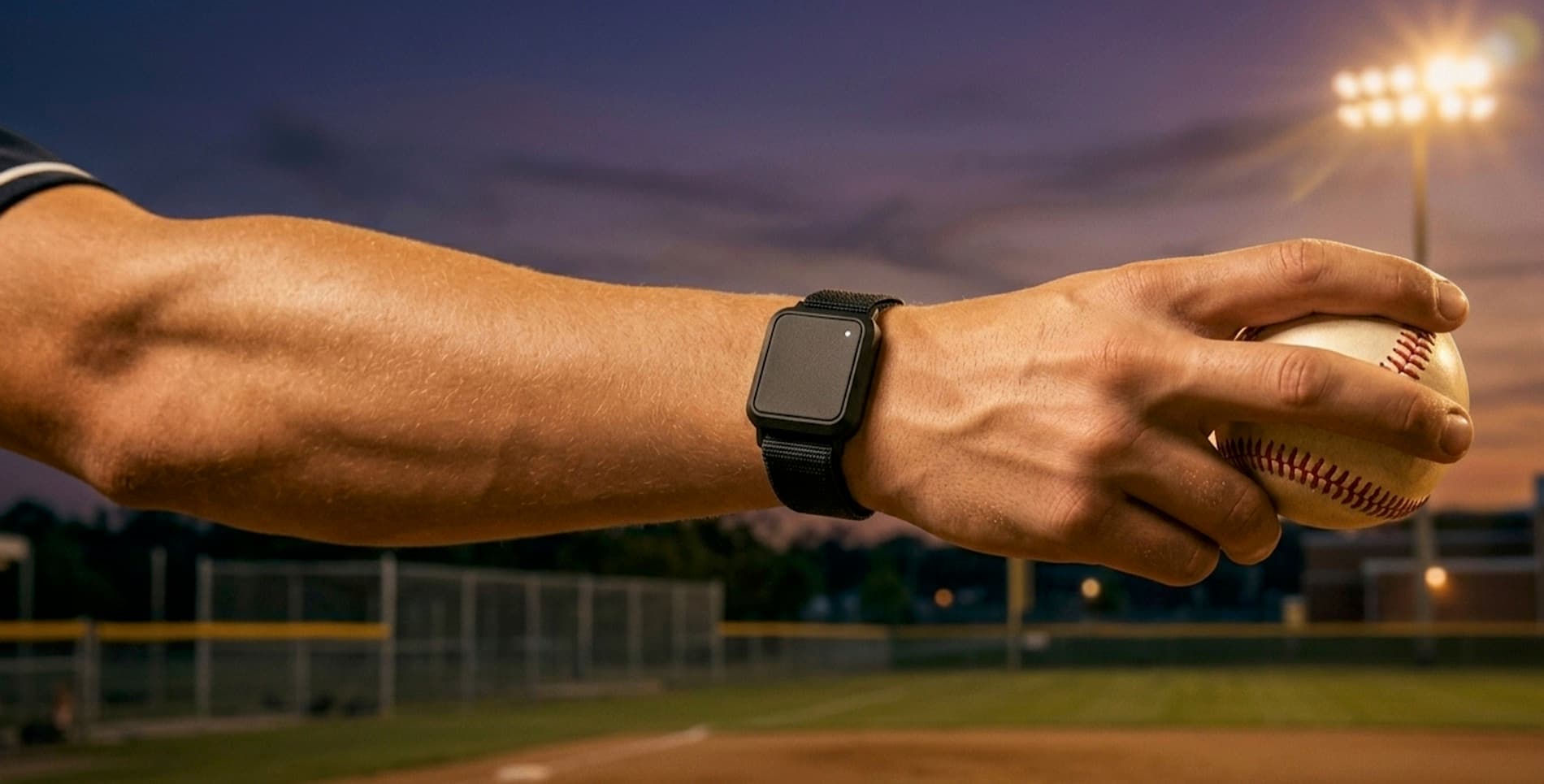 A baseball player's wrist wearing the Velox sensor, gripping a ball under stadium lights